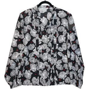VINTAGE Alice Stuart Black Floral Pleated Mock Collar Button up blouse 14/LG